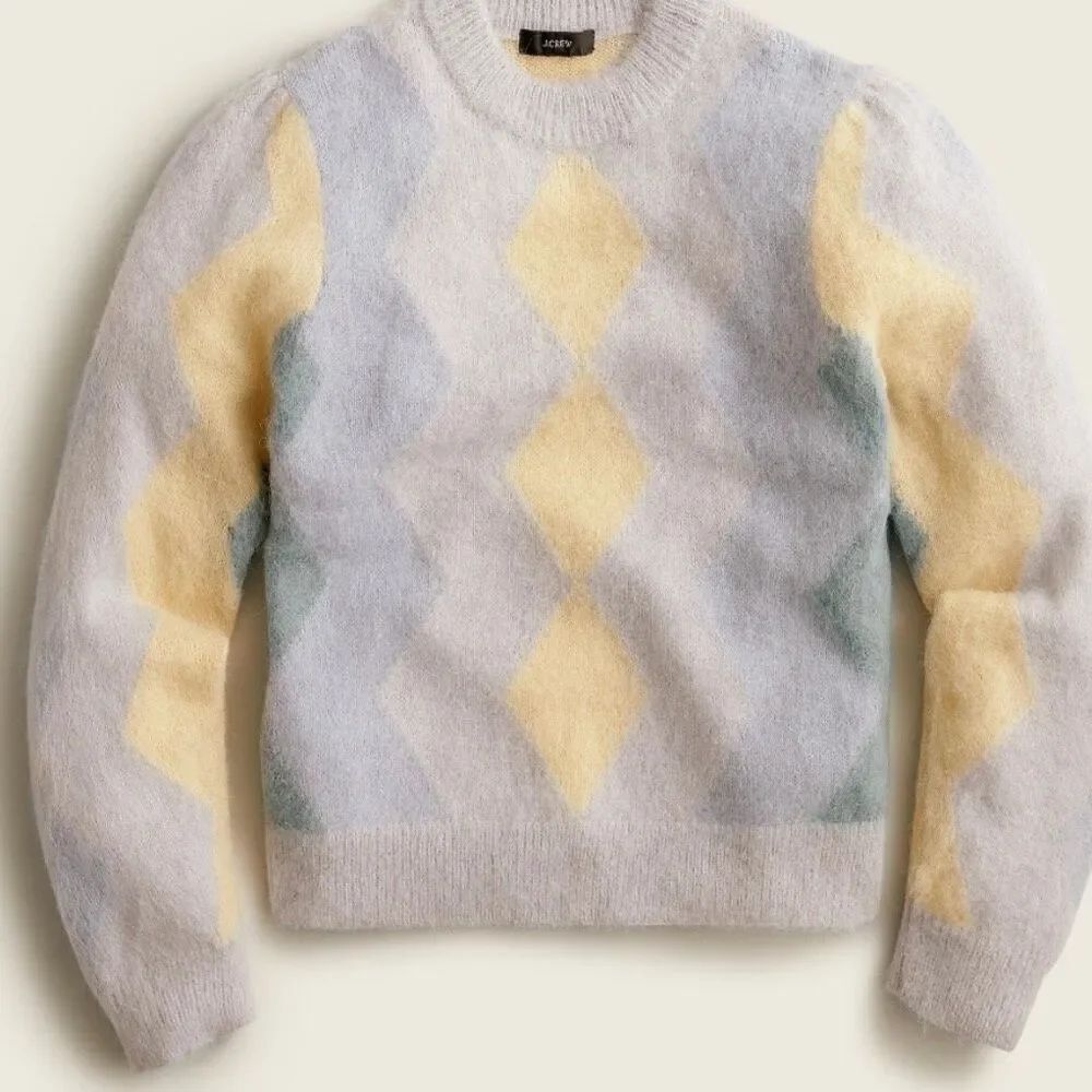 J. Crew blue and yellow argyle alpaca wool crewneck sweater